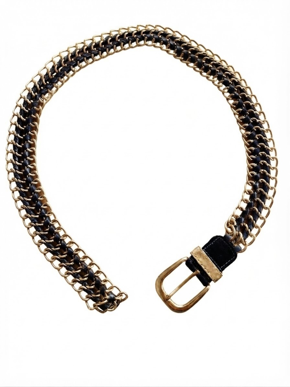 80s/ 90s VTGBlack Woven Leather & Gold Chain Belt Interlocking Metal Links Boho